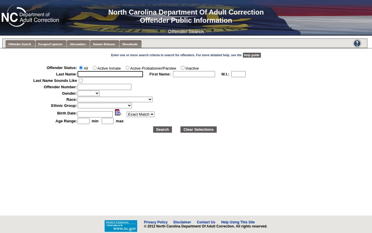North Carolina DOC offender search for state custody records and possible photos
